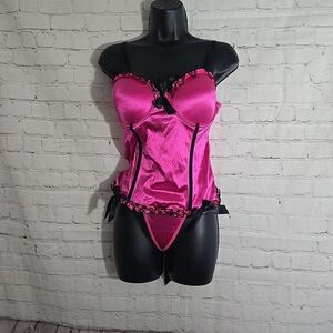 Y2k Morbid Threads Bustier corset Thong Set Sz 36 Lg Hot Pink Cupcake trim Emo
